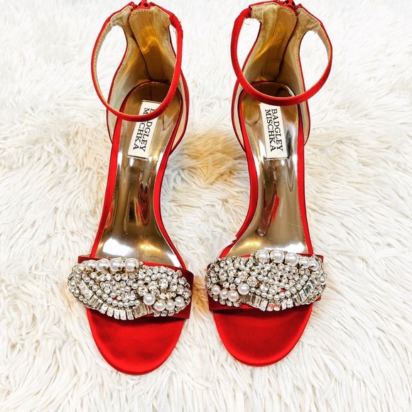 Badgley Mischka Red Satin Rhinestone Ankle Strap Heels 7M - Picture 8 of 9